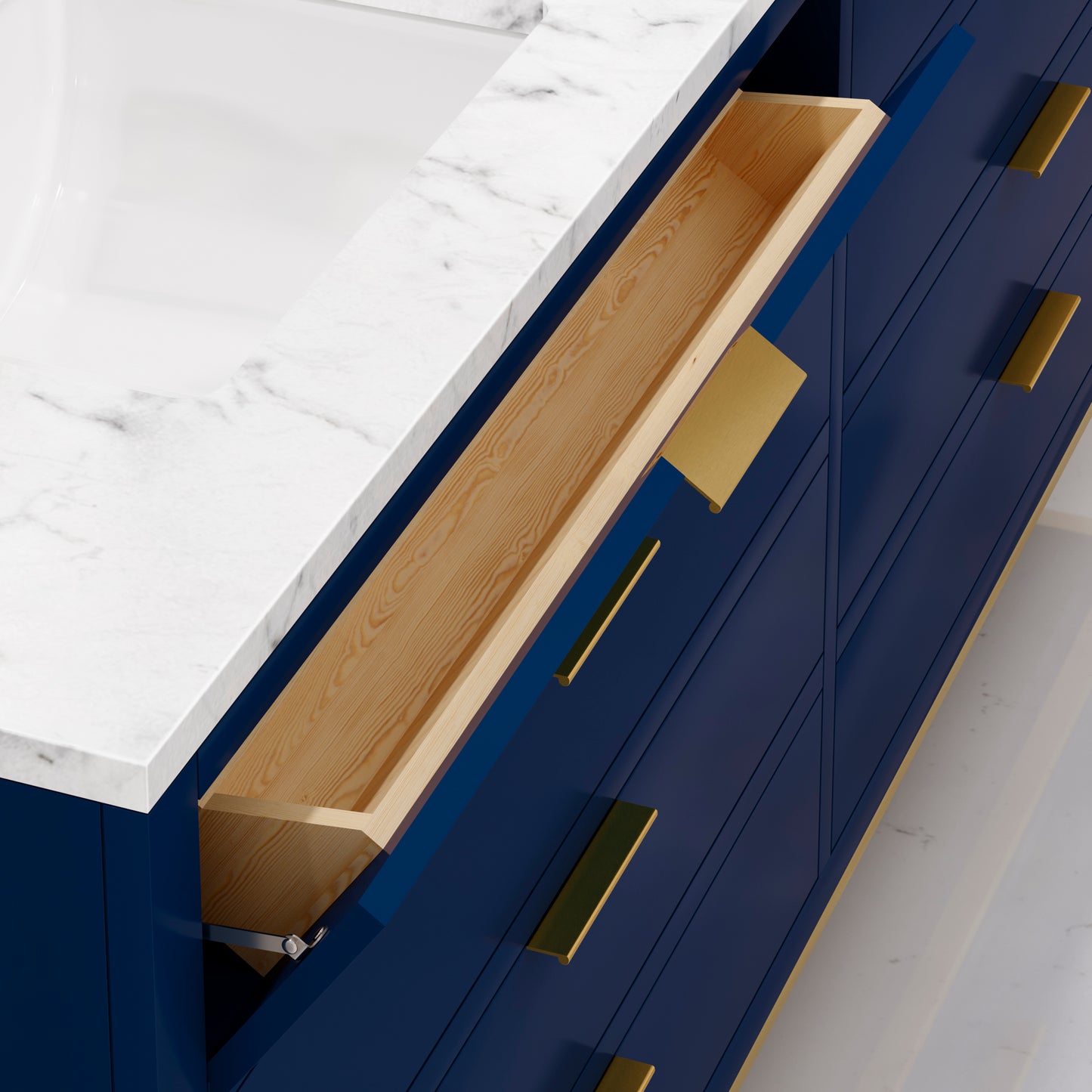 BRISTOL 72"W x 34"H Monarch Blue Double-Sink Vanity with Carrara White Marble Countertop + Satin Gold Hook Faucets