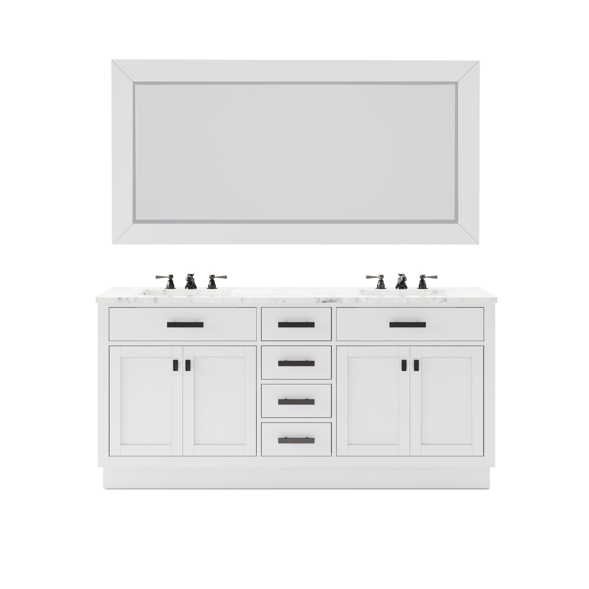 HARTFORD 72"W x 34"H Pure White Double-Sink Vanity with Carrara White Marble Countertop + Rectangular Mirror (L)