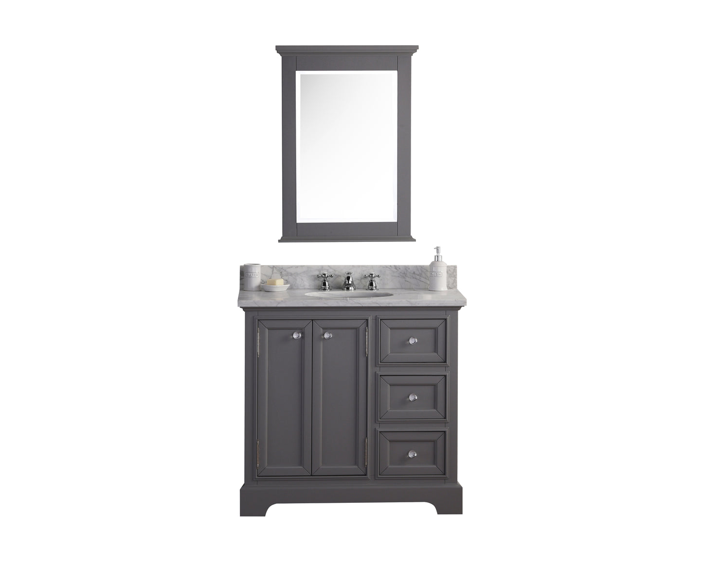 DERBY 36"W x 34"H Cashmere Gray Single-Sink Vanity with Carrara White Marble Countertop + Mirror