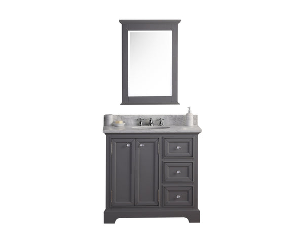 DERBY 36W x 34H Cashmere Gray Single-Sink Vanity with Carrara White Marble Countertop + Mirror