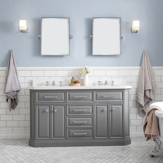 PALACE 60"W x 34"H Cashmere Gray Vanity with Carrara Quartz Countertop, Chrome Finish Hardware