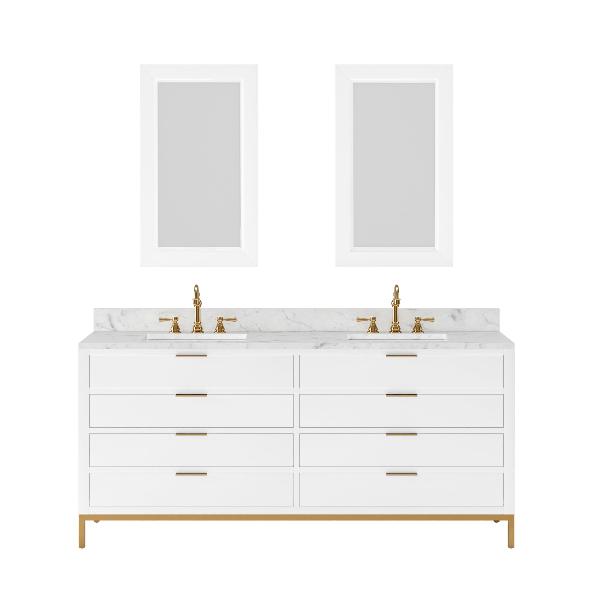 BRISTOL 72"W x 34"H Pure White Double-Sink Vanity with Carrara White Marble Countertop + Satin Gold Hook Faucets and Rectangular Mirrors (S)