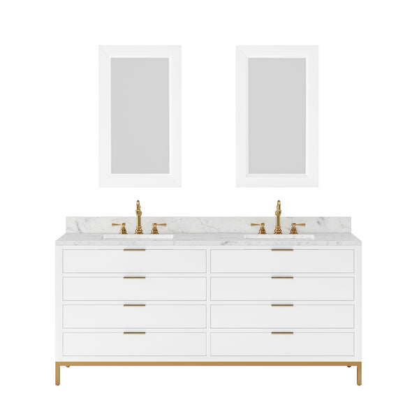 BRISTOL 72W x 34H Pure White Double-Sink Vanity with Carrara White Marble Countertop + Satin Gold Hook Faucets and Rectangular Mirrors (S)