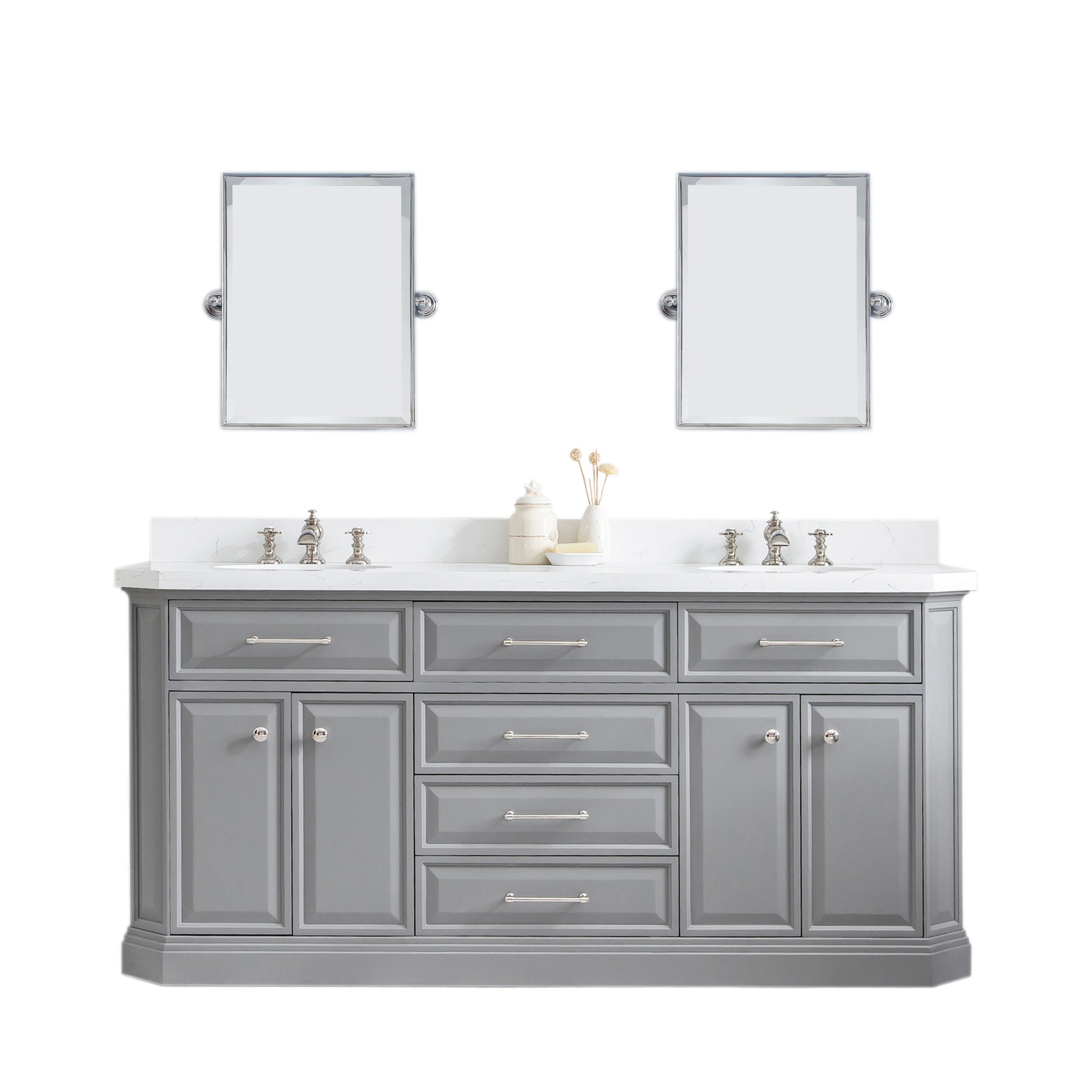 PALACE 72"W x 34"H Cashmere Gray Vanity with Carrara Quartz Countertop + Faucets & Mirror (F2-0013), Polished Nickel Finish Hardware & Mirror