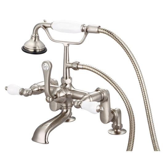 Vintage Classic Adjustable Center Deck Mount Tub Faucet With Handheld Shower in Brushed Nickel Finish, With Porcelain Lever Handles Without labels