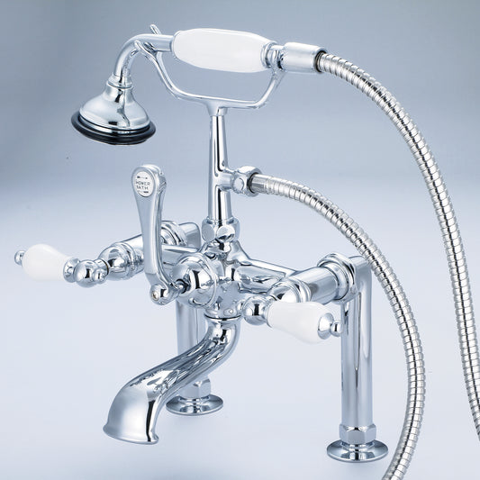 Vintage Classic 7" Spread Deck Mount Tub Faucet With 6" Risers & Handheld Shower in Chrome Finish, With Porcelain Lever Handles Without labels