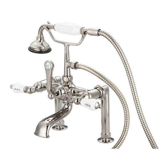 Vintage Classic 7" Spread Deck Mount Tub Faucet With 6" Risers & Handheld Shower in Polished Nickel Finish, With Porcelain Lever Handles, Hot And Cold Labels Included