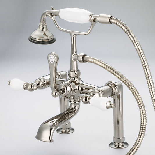 Vintage Classic 7" Spread Deck Mount Tub Faucet With 6" Risers & Handheld Shower in Polished Nickel Finish, With Porcelain Lever Handles Without labels