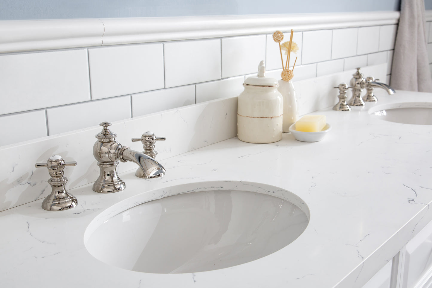 PALACE 72"W x 34"H Pure White Vanity with Carrara Quartz Countertop + Faucets (F2-0013), Polished Nickel Finish Hardware