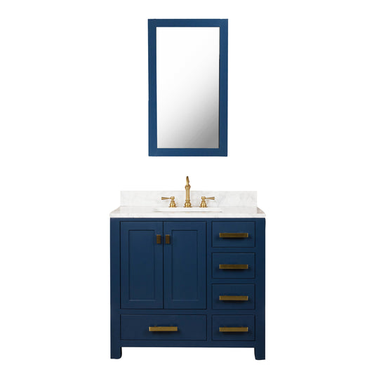 MADISON 36"W x 34"H Monarch Blue Single-Sink Vanity with Carrara White Marble Countertop + Faucets & Mirror (F2-0012-06-TL)