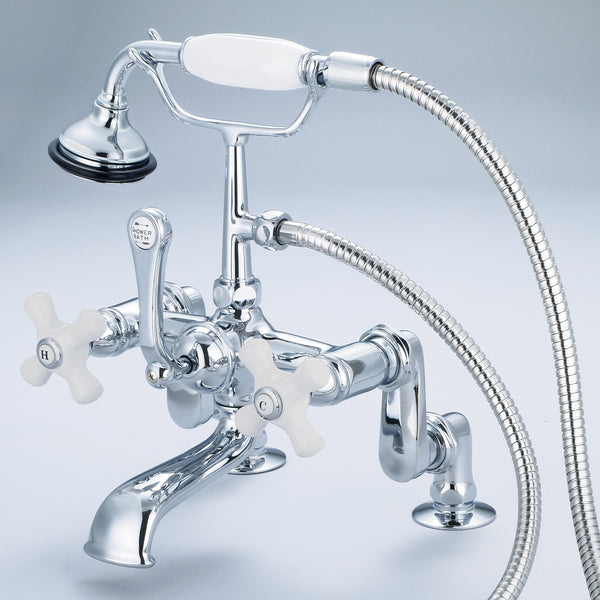 Vintage Classic Adjustable Center Deck Mount Tub Faucet With Handheld Shower in Chrome Finish, With Porcelain Cross Handles, Hot And Cold Labels Included