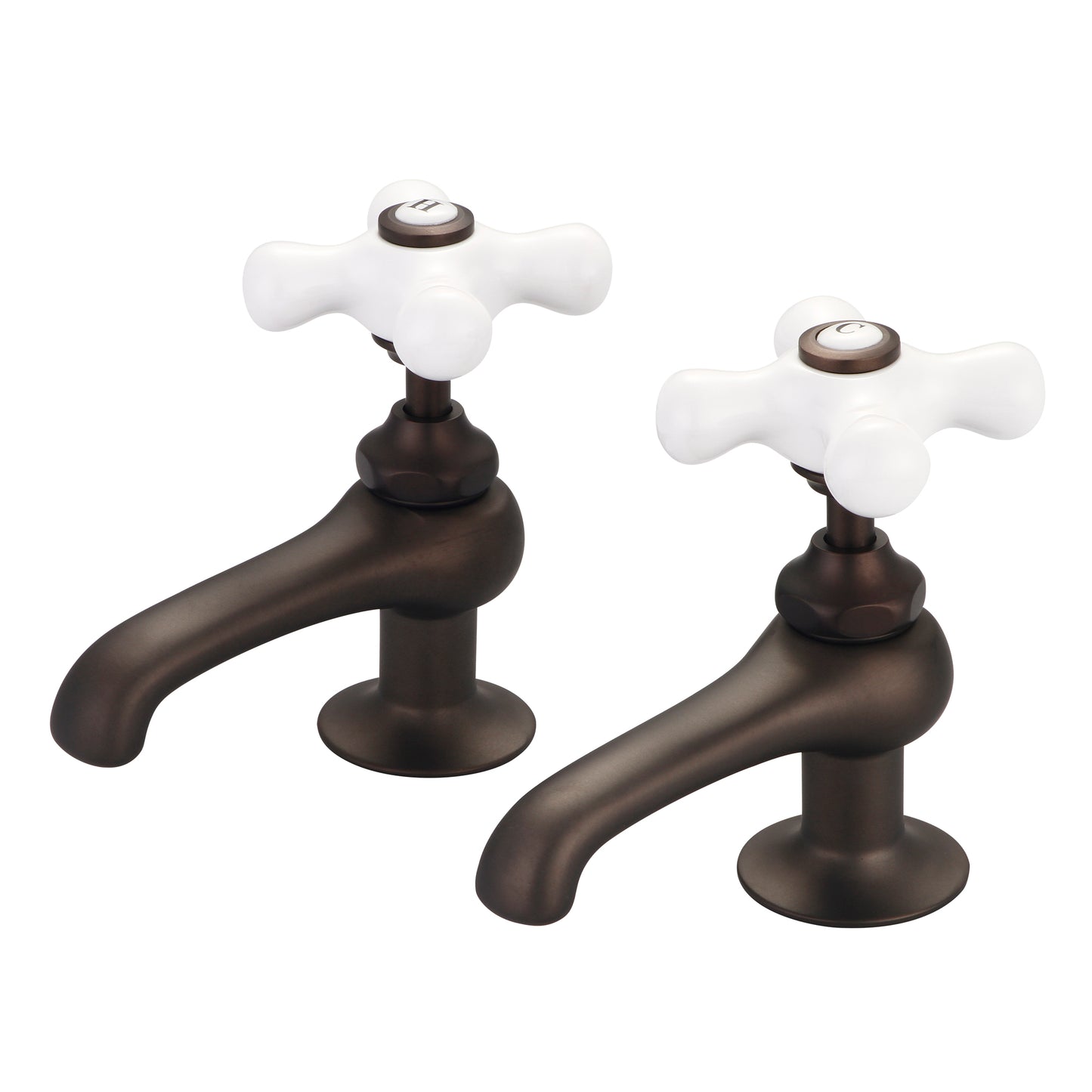 Vintage Classic Basin Cocks Bathroom Faucets in Oil Rubbed Bronze Finish, With Porcelain Cross Handles, Hot And Cold Labels Included