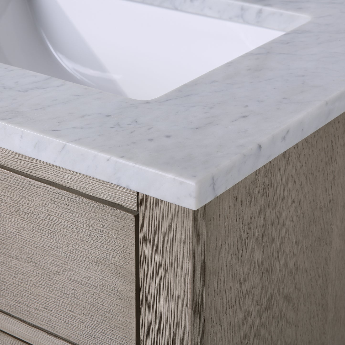 CHESTNUT 60"W x 34.2"H Gray Oak Double-Sink Vanity with Carrara White Marble Countertop + Faucets & Mirrors