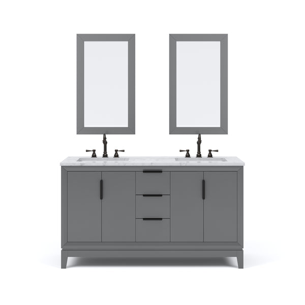 ELIZABETH 60W x 34.25H Cashmere Gray Double-Sink Vanity with Carrara White Marble Countertop + Faucets & Mirror (F2-0012-03-TL)