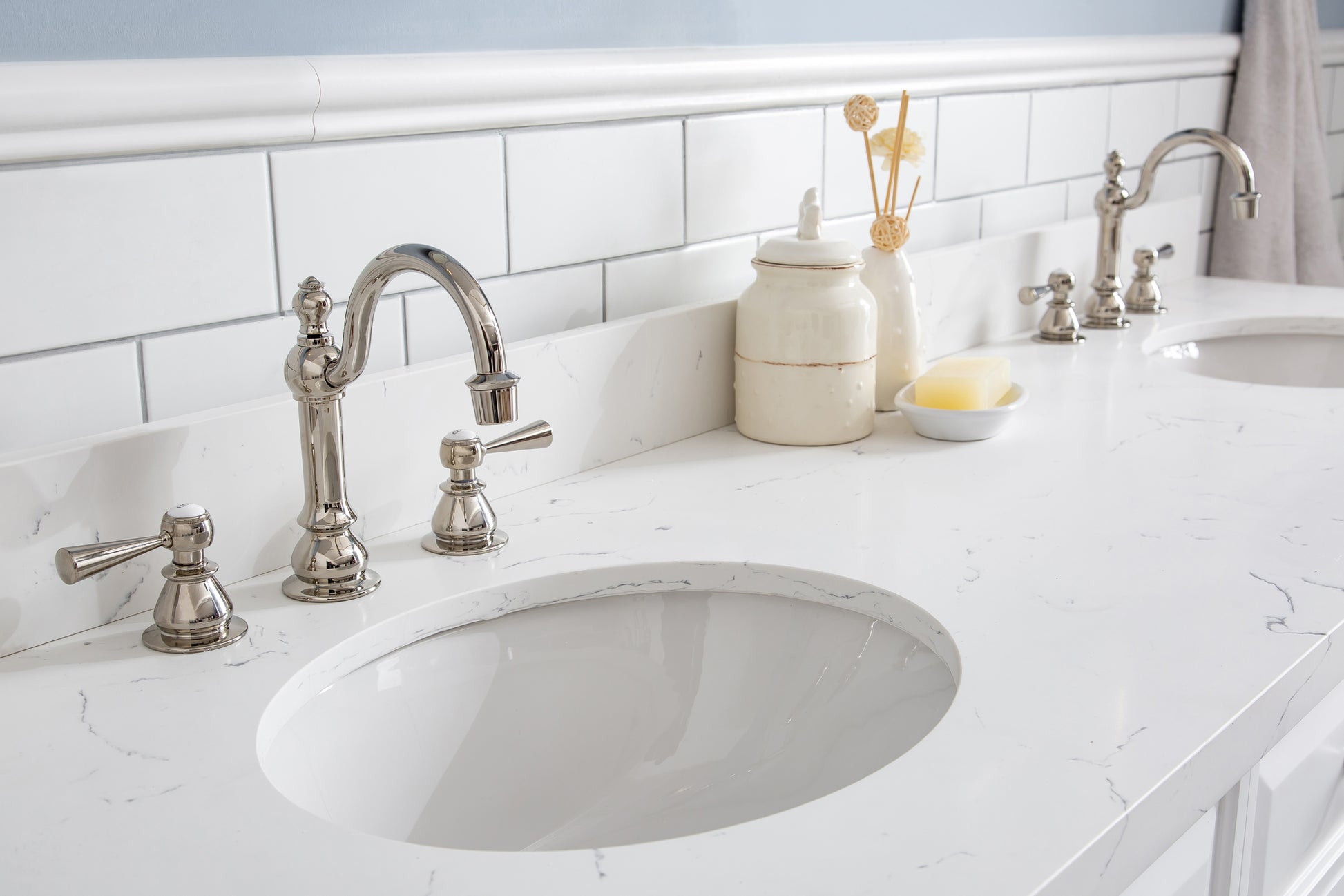 PALACE 72"W x 34"H Pure White Vanity with Carrara Quartz Countertop + Faucets (F2-0012), Polished Nickel Finish Hardware