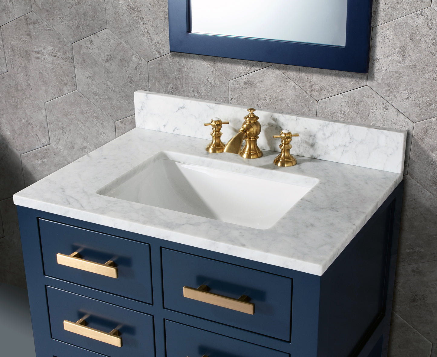 MADALYN 30"W x 34"H Monarch Blue Single-Sink Vanity with Carrara White Marble Countertop + Faucets & Mirror (F2-0013)