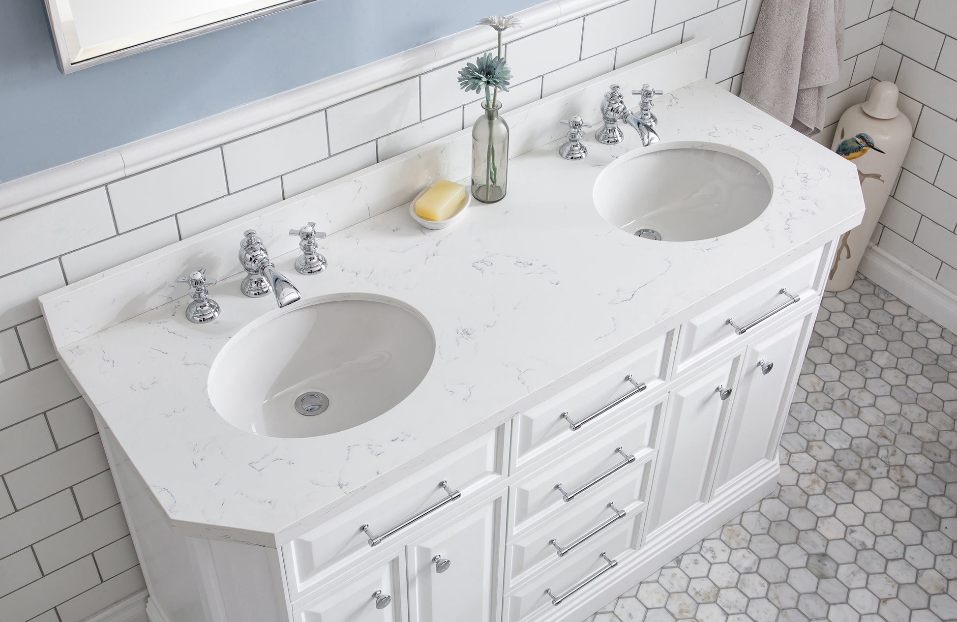 PALACE 60"W x 34"H Pure White Vanity with Carrara Quartz Countertop + Faucets (F2-0013), Chrome Finish Hardware