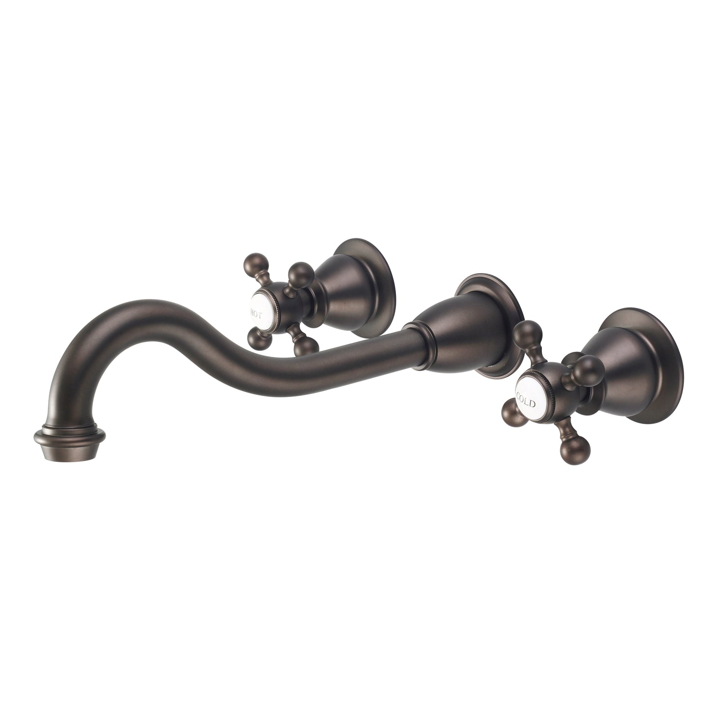 Elegant Spout Wall Mount Vessel/Bathroom Faucets in Oil Rubbed Bronze Finish, With Metal Lever Handles, Hot And Cold Labels Included