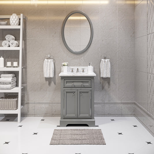 DERBY 24"W x 34"H Cashmere Gray Single-Sink Vanity with Carrara White Marble Countertop + Mirror