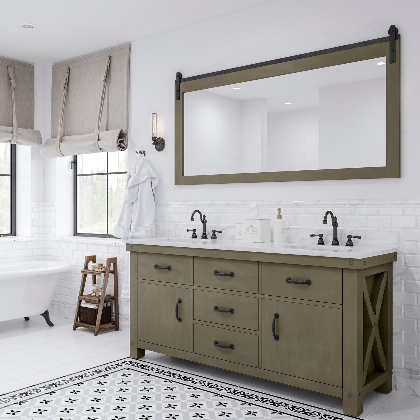 ABERDEEN 72"W x 34"H Grizzle Gray Double-Sink Vanity with Carrara White Marble Countertop + Mirror