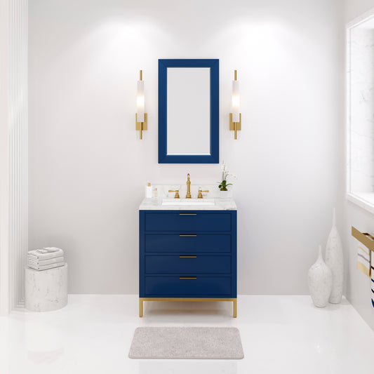 BRISTOL 30"W x 34"H Monarch Blue Single-Sink Vanity with Carrara White Marble Countertop + Satin Gold Hook Faucet