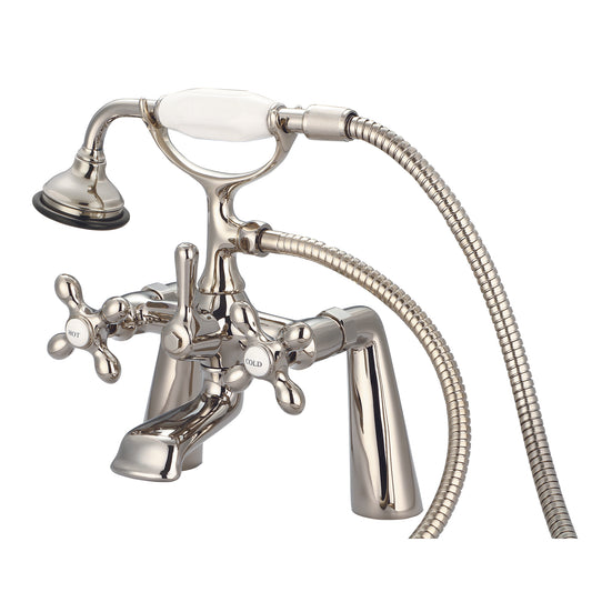 Vintage Classic 7" Spread Deck Mount Tub Faucet With Handheld Shower in Polished Nickel Finish, With Metal Lever Handles, Hot And Cold Labels Included