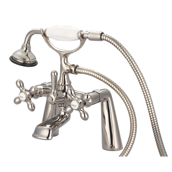 Vintage Classic 7 Spread Deck Mount Tub Faucet With Handheld Shower in Polished Nickel Finish, With Metal Lever Handles, Hot And Cold Labels Included