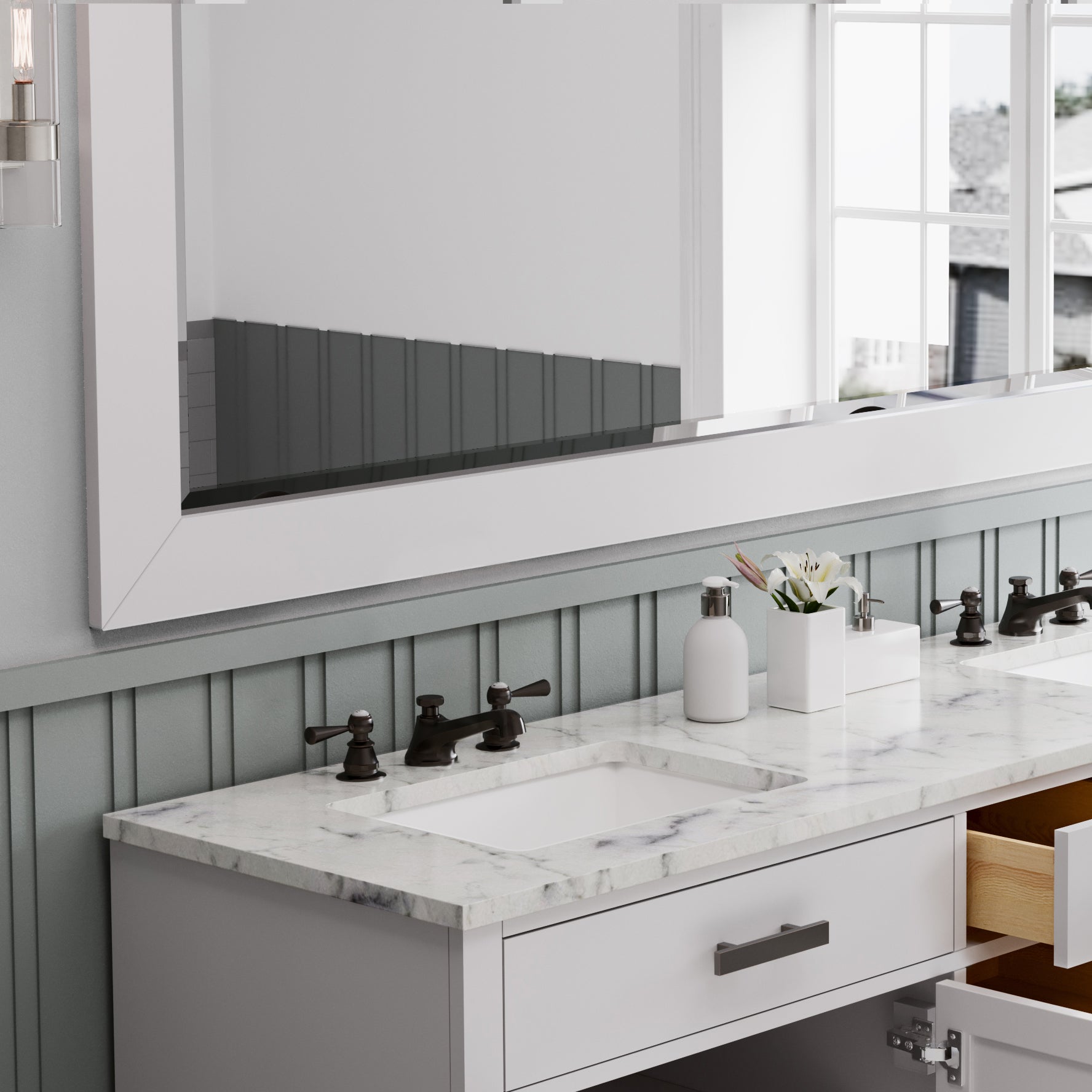 HARTFORD 72"W x 34"H Pure White Double-Sink Vanity with Carrara White Marble Countertop + Gooseneck Faucet and Rectangular Mirror (L)