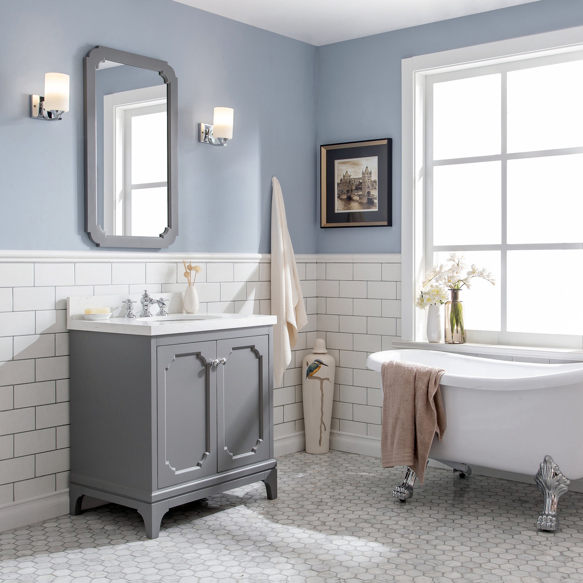 QUEEN 30"W x 34"H Cashmere Gray Single-Sink Vanity with Carrara Quartz Countertop + Faucets & Mirror (F2-0013)