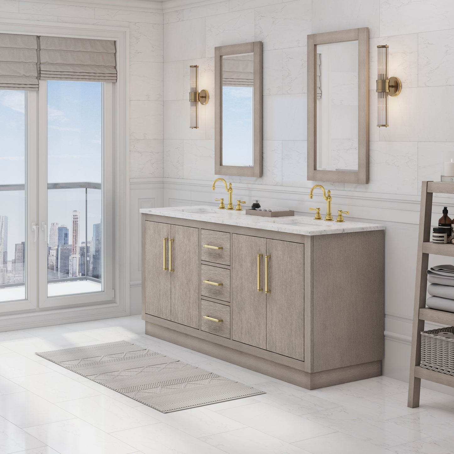 HUGO 72"W x 34.3"H Gray Oak Double-Sink Vanity with Carrara White Marble Countertop + Mirrors