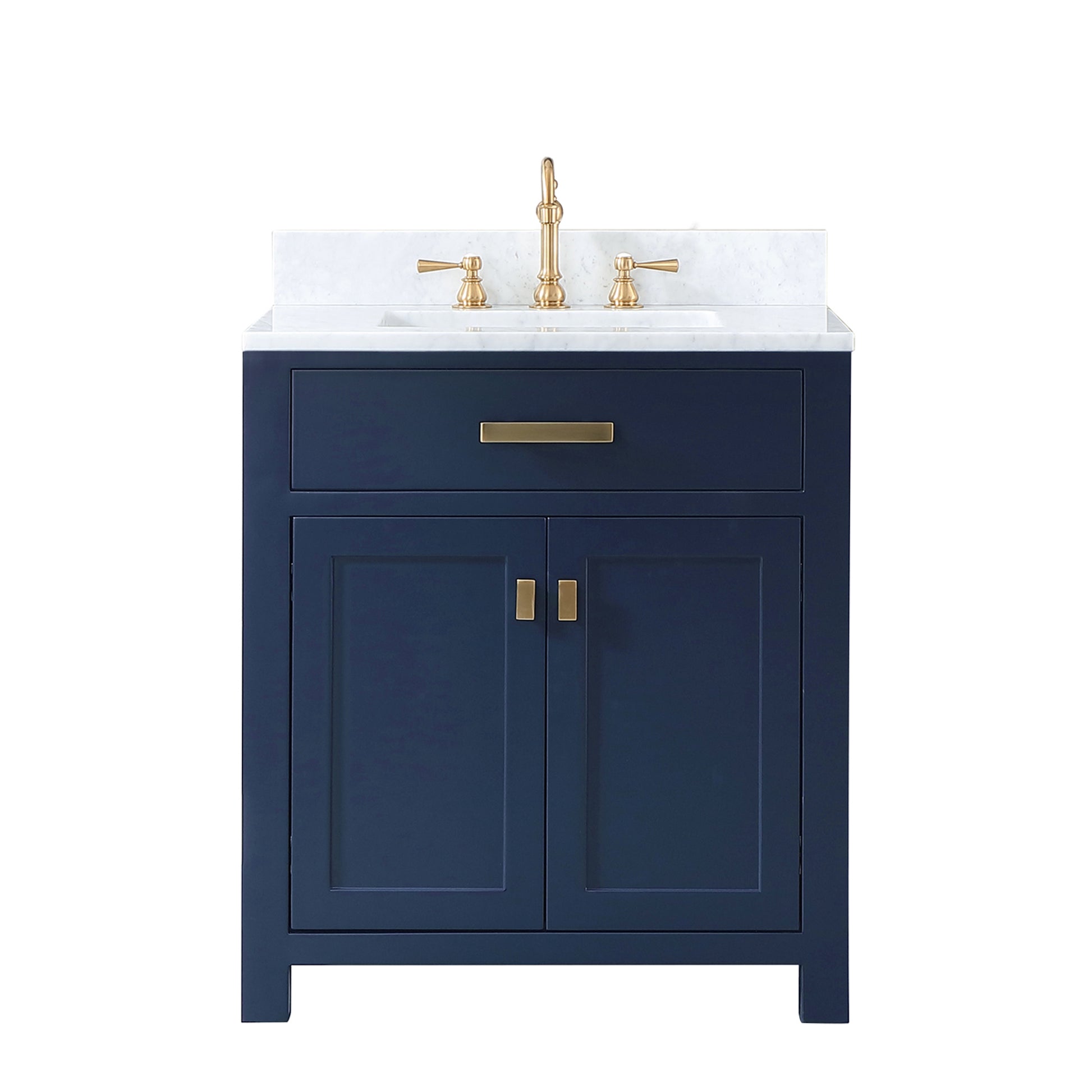 MADISON 30"W x 34"H Monarch Blue Single-Sink Vanity with Carrara White Marble Countertop + Faucets (F2-0012-06-TL)