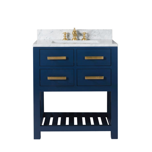 MADALYN 30"W x 34"H Monarch Blue Single-Sink Vanity with Carrara White Marble Countertop + Faucets (F2-0013)