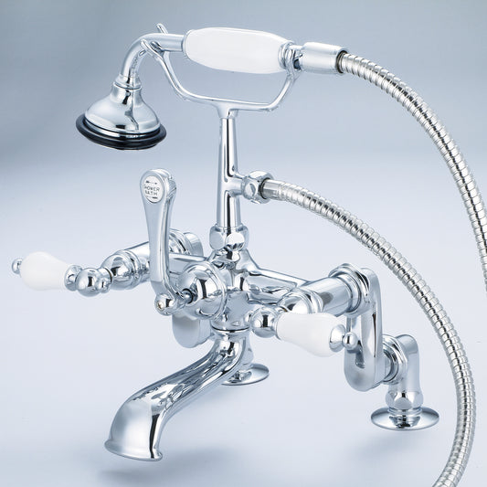 Vintage Classic Adjustable Center Deck Mount Tub Faucet With Handheld Shower in Chrome Finish, With Porcelain Lever Handles Without labels