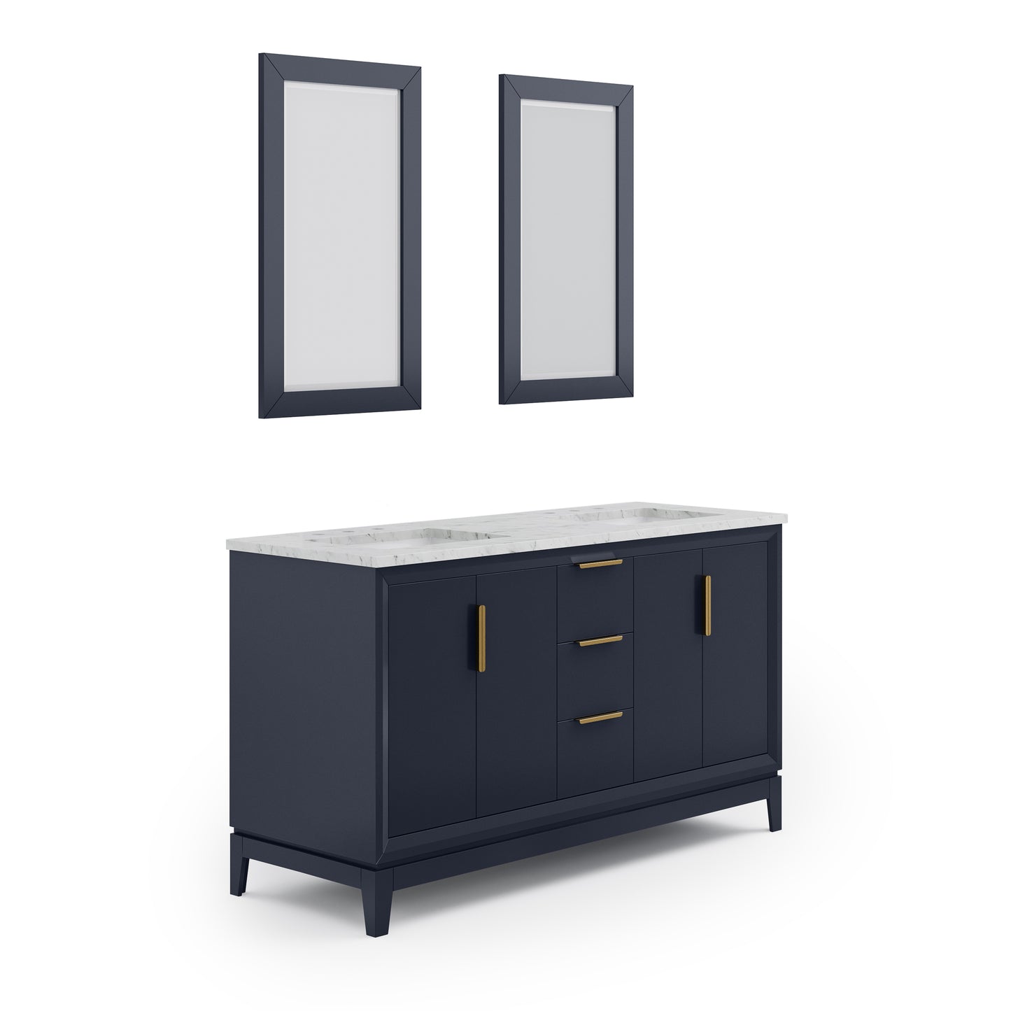 ELIZABETH 60"W x 34.25"H Monarch Blue Double-Sink Vanity with Carrara White Marble Countertop + Mirror