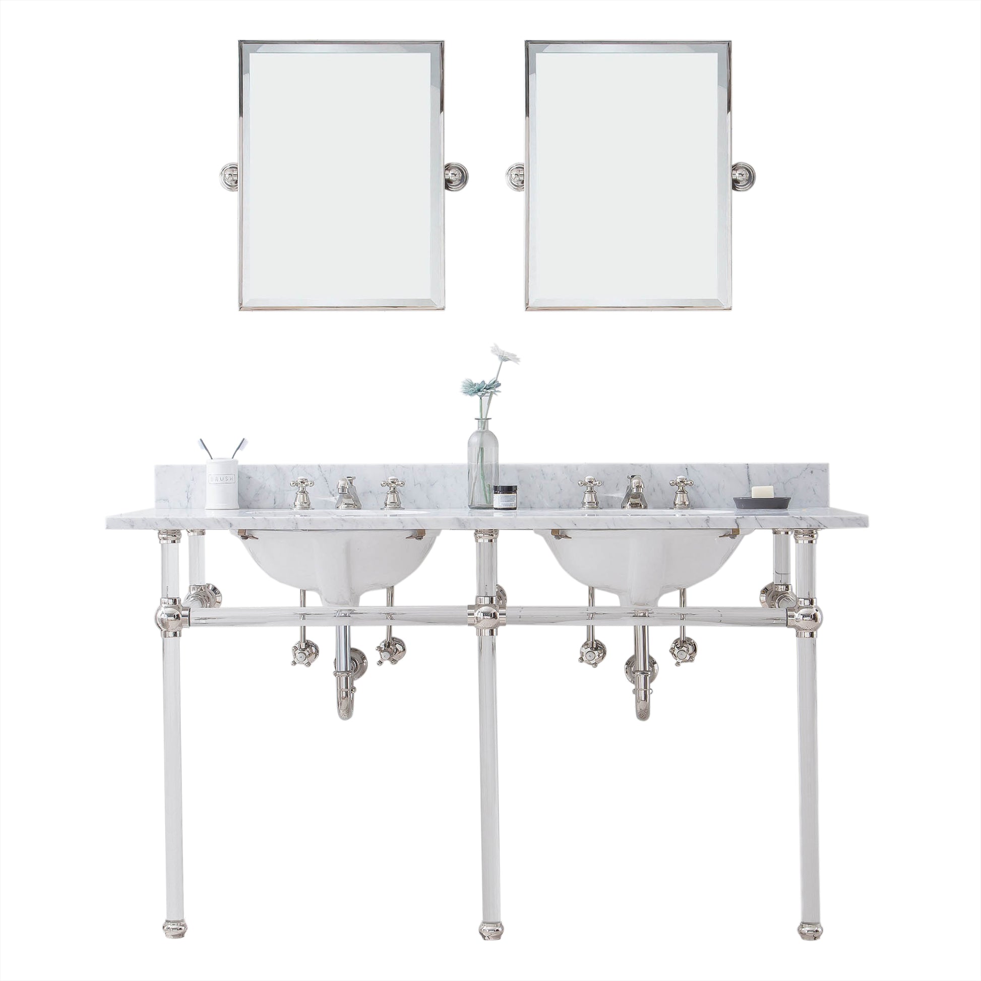 EMPIRE 60"W x 34"H  Double Washstand , P-Trap, Countertop with Sink, F2-0009 Faucet and Mirror included, in Polished Nickel Finish