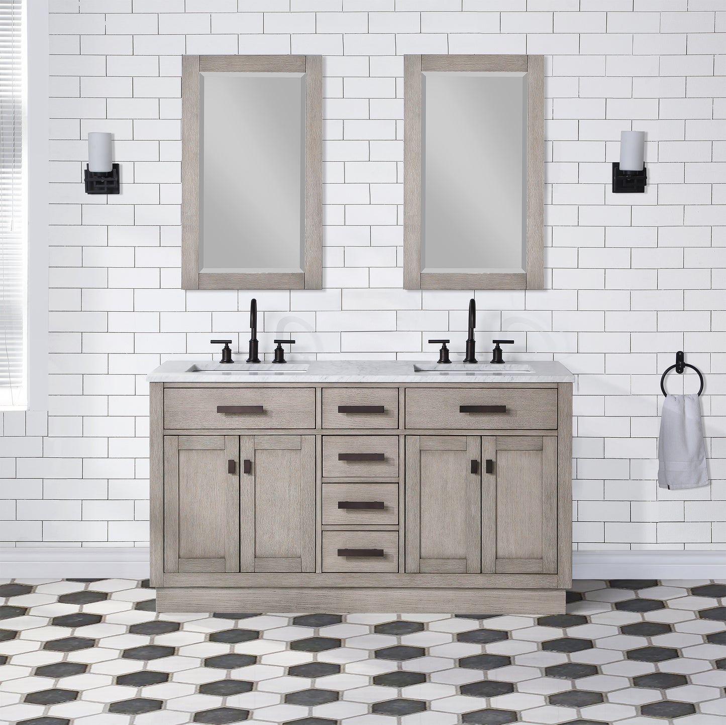 CHESTNUT 60"W x 34.2"H Gray Oak Double-Sink Vanity with Carrara White Marble Countertop + Faucets & Mirrors