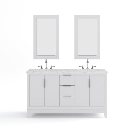 ELIZABETH 60"W x 34.25"H Pure White Double-Sink Vanity with Carrara White Marble Countertop + Faucets & Mirror (F2-0012-01-TL)