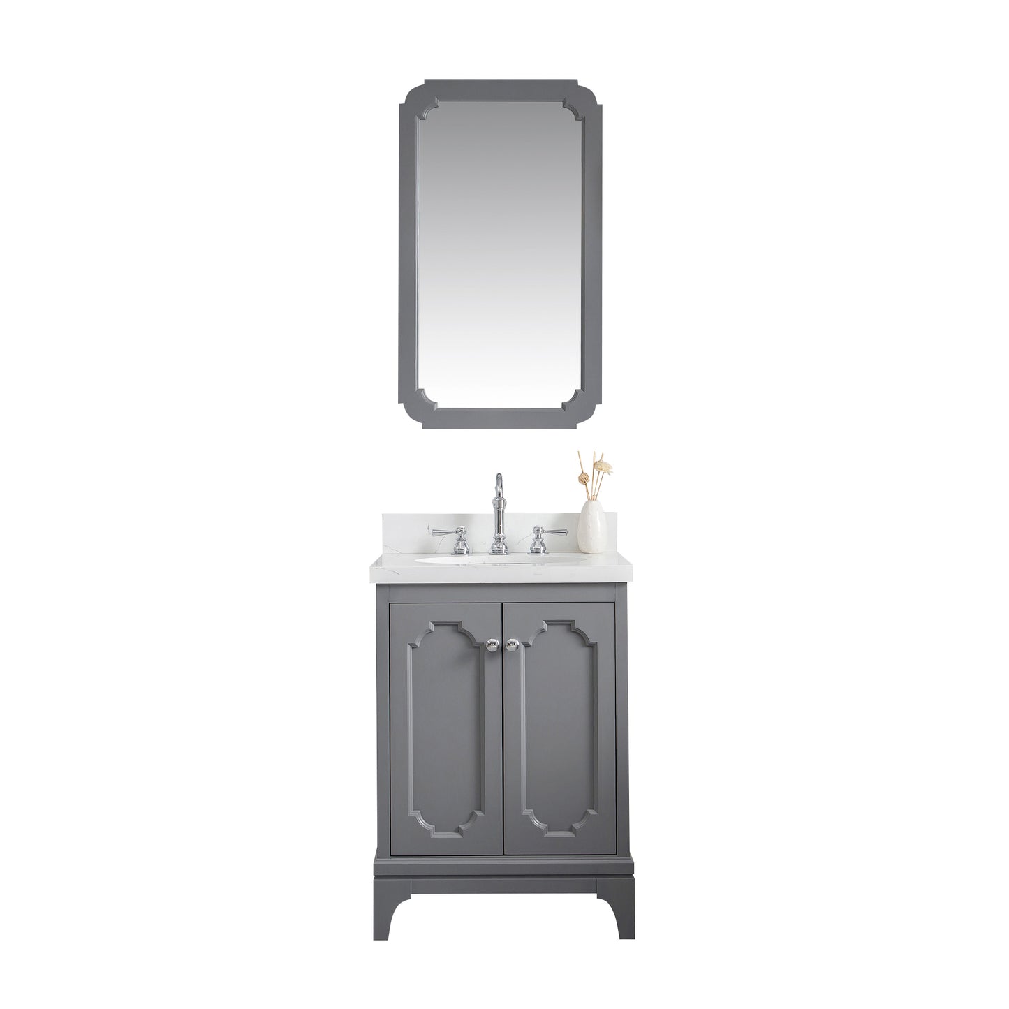 QUEEN 24"W x 34"H Cashmere Gray Single-Sink Vanity with Carrara Quartz Countertop + Faucets & Mirror (F2-0012-01-TL)