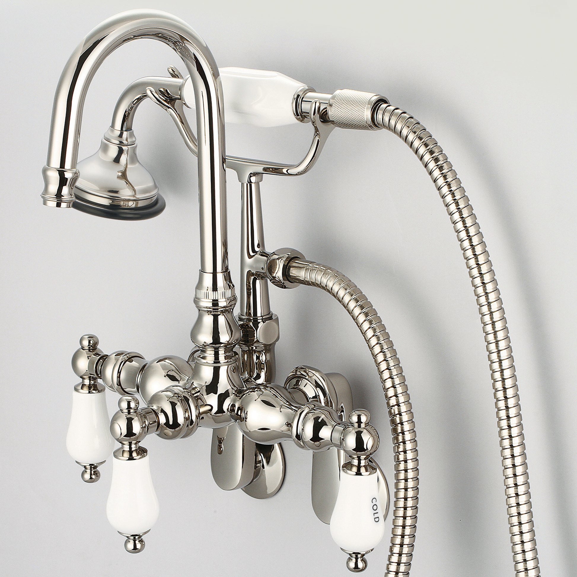 Vintage Classic Adjustable Spread Wall Mount Tub Faucet With Gooseneck Spout, Swivel Wall Connector & Handheld Shower in Polished Nickel Finish, With Porcelain Lever Handles, Hot And Cold Labels Included