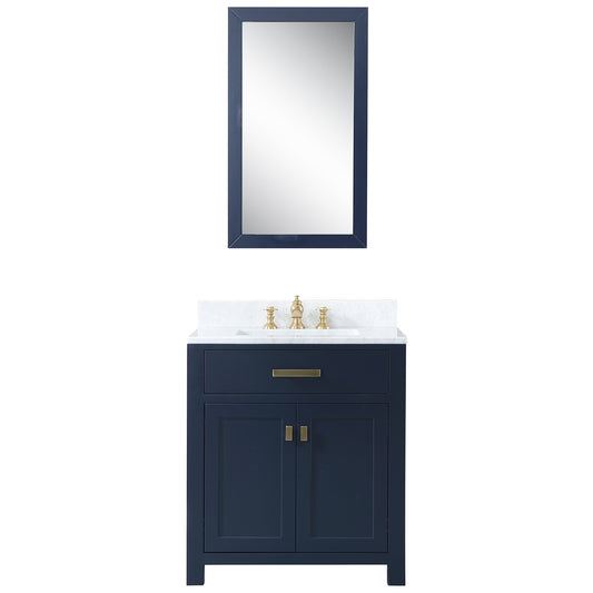 MADISON 30"W x 34"H Monarch Blue Single-Sink Vanity with Carrara White Marble Countertop + Mirror