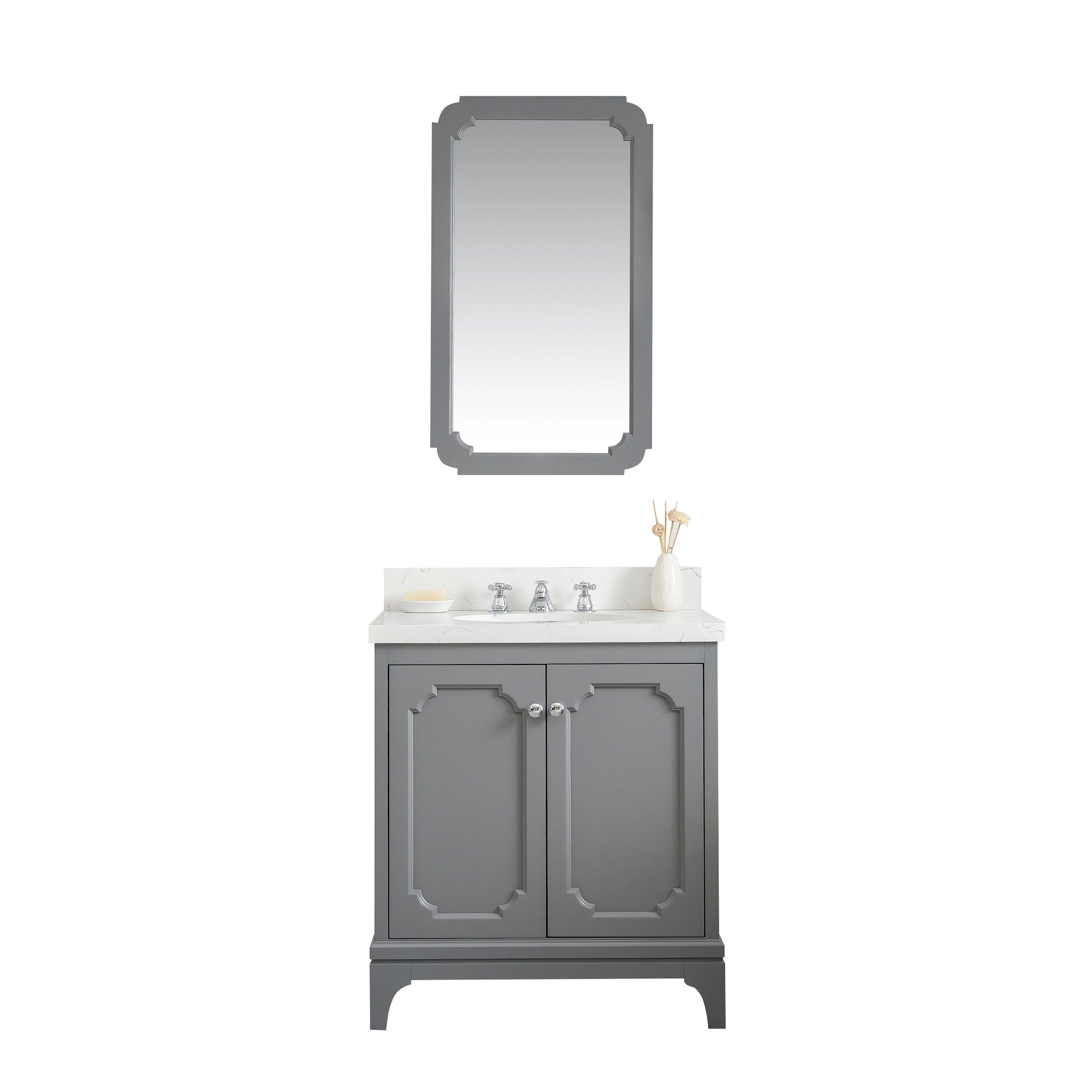 QUEEN 30"W x 34"H Cashmere Gray Single-Sink Vanity with Carrara Quartz Countertop + Mirror