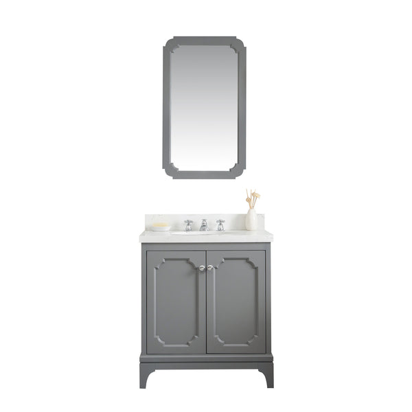 QUEEN 30W x 34H Cashmere Gray Single-Sink Vanity with Carrara Quartz Countertop + Mirror