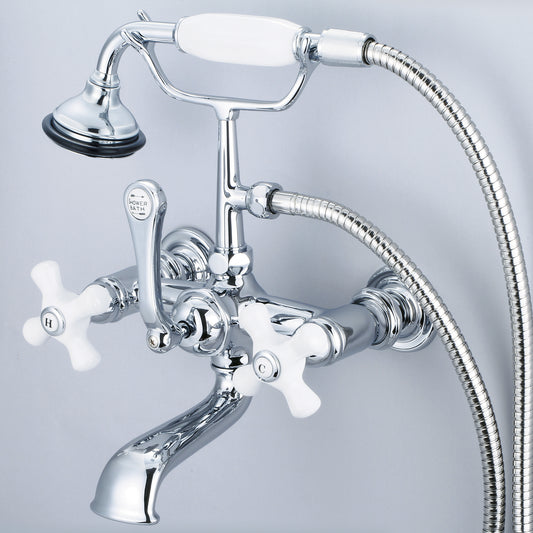 Vintage Classic 7" Spread Wall Mount Tub Faucet With Straight Wall Connector & Handheld Shower in Chrome Finish, With Porcelain Cross Handles, Hot And Cold Labels Included