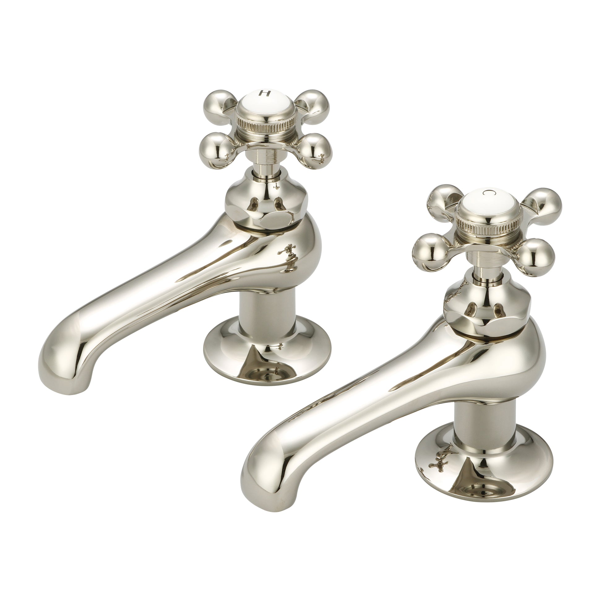 Vintage Classic Basin Cocks Bathroom Faucets in Polished Nickel Finish, With Metal Cross Handles, Hot And Cold Labels Included