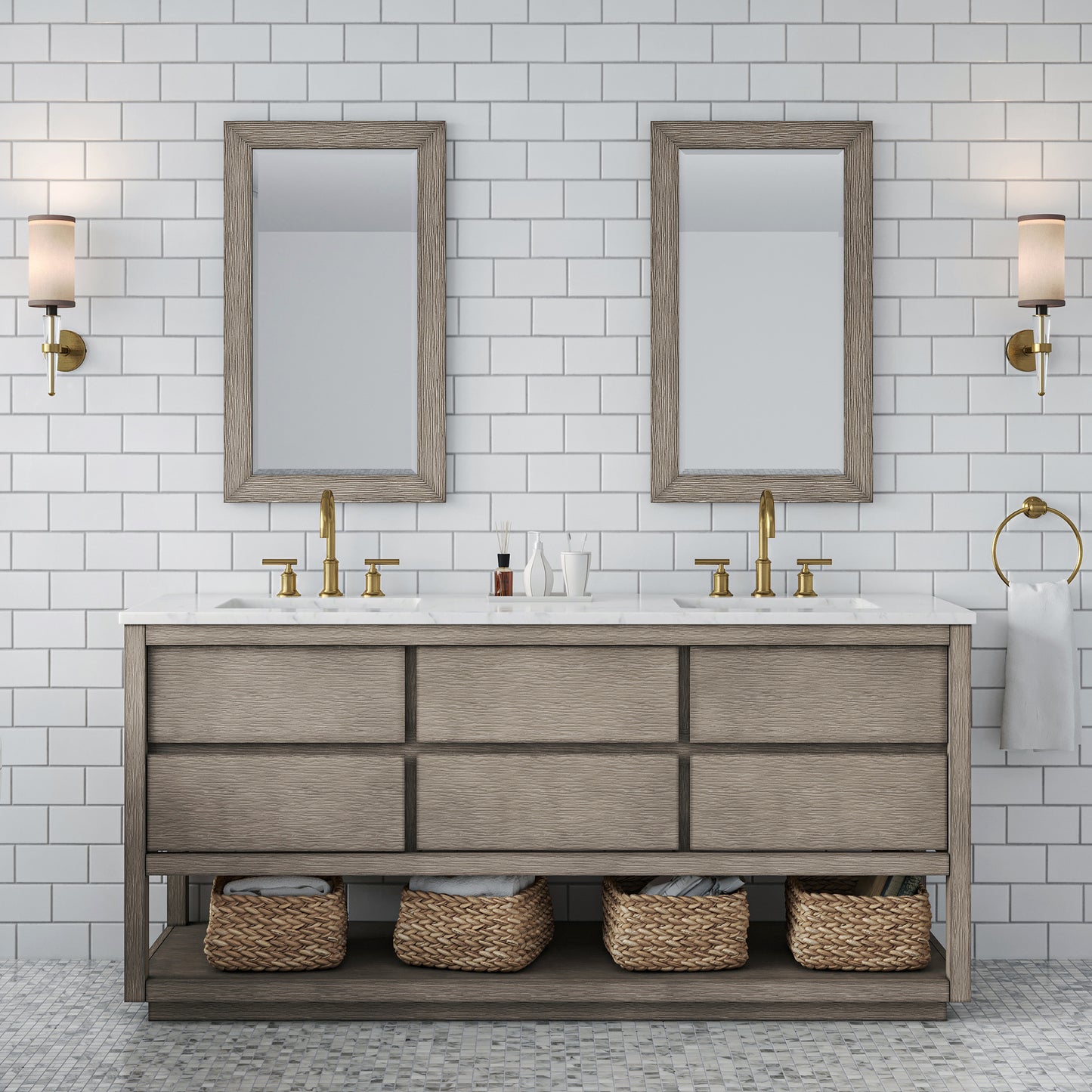 OAKMAN 72"W x 34.3"H Gray Oak Double-Sink Vanity with Carrara White Marble Countertop + Gold Faucets