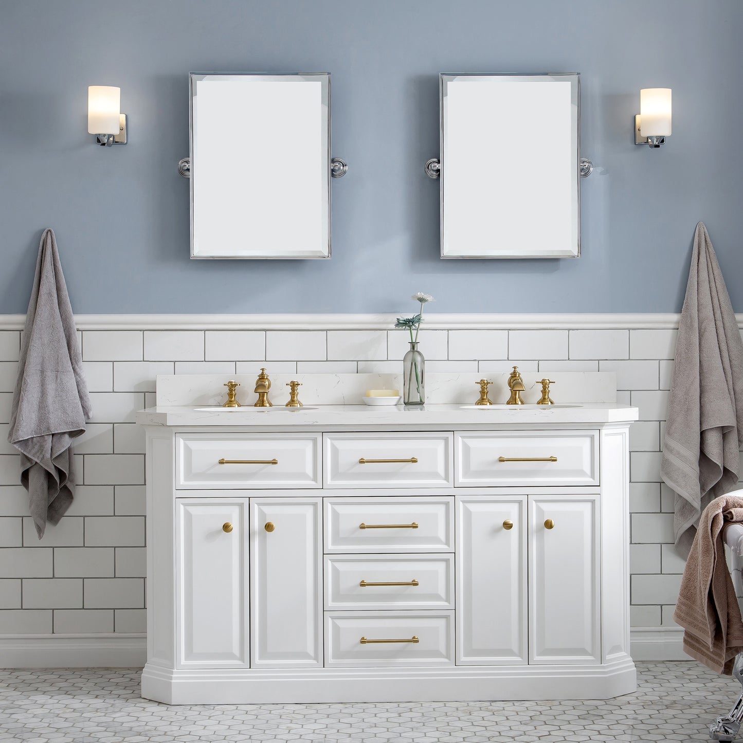 PALACE 60"W x 34"H Pure White Vanity with Carrara Quartz Countertop + Faucets & Mirrors (F2-0013), Satin Gold Finish Hardware & Chrome Finish Mirror (A)