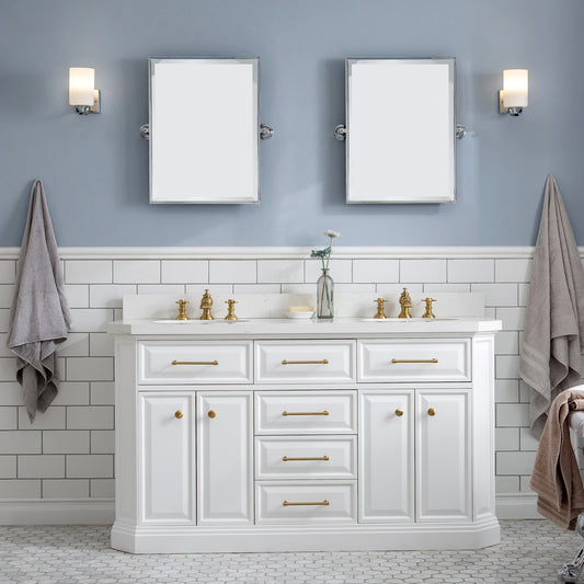 PALACE 60"W x 34"H Pure White Vanity with Carrara Quartz Countertop + Faucets & Mirrors (F2-0013), Satin Gold Finish Hardware & Chrome Finish Mirror (A)