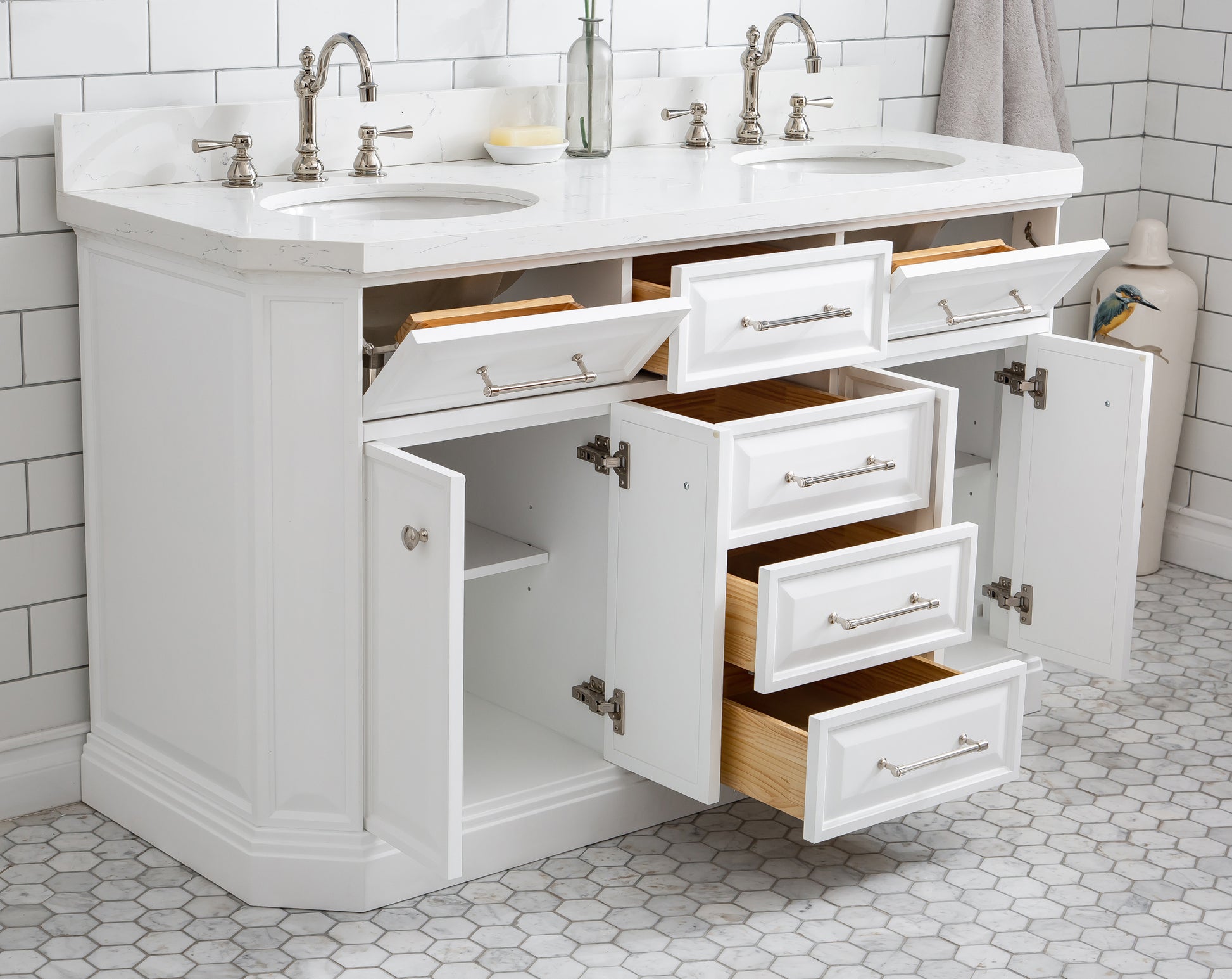 PALACE 60"W x 34"H Pure White Vanity with Carrara Quartz Countertop + Faucets (F2-0012), Polished Nickel Finish Hardware