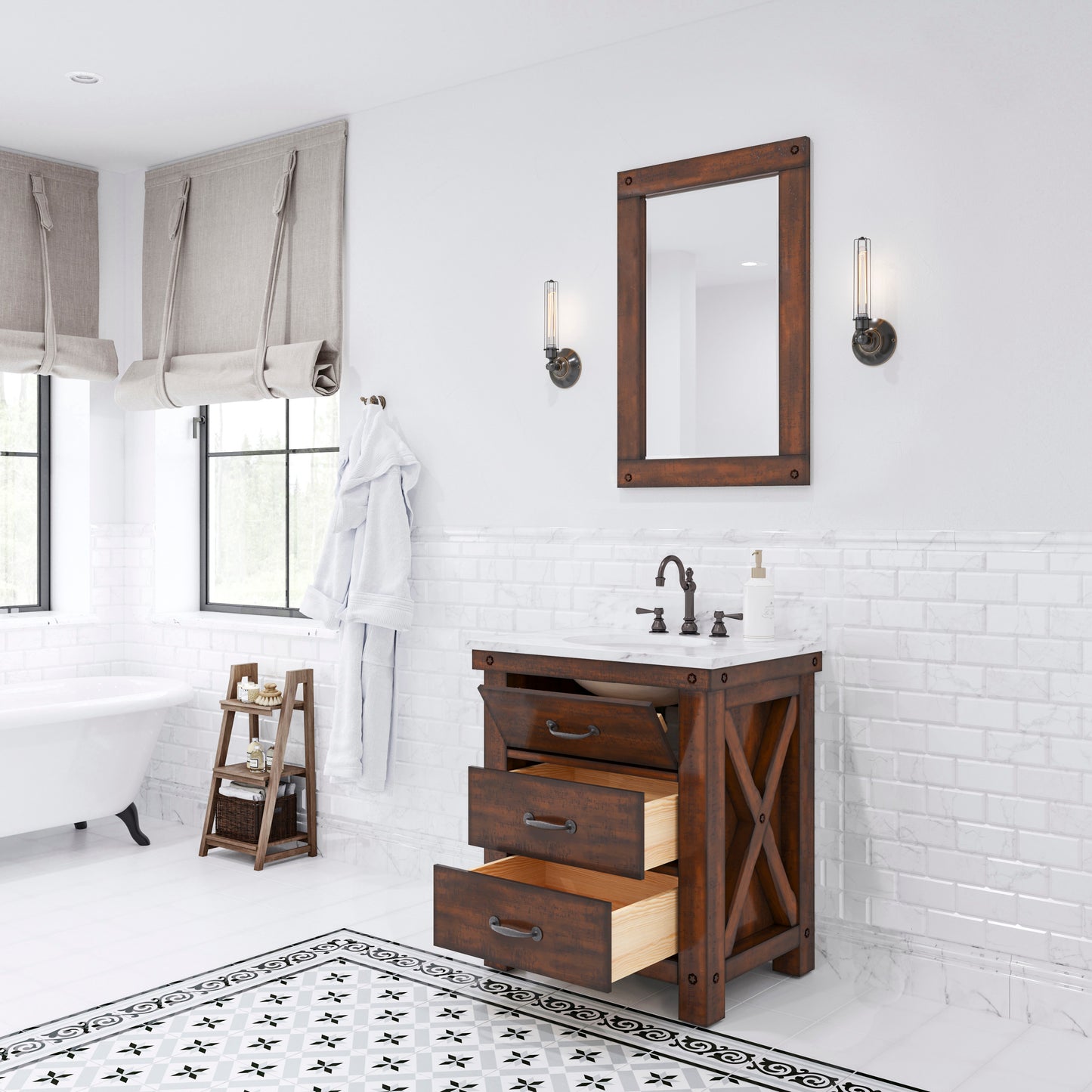 ABERDEEN 30"W x 34"H Sierra Rustic Single-Sink Vanity with Carrara White Marble Countertop + Mirror