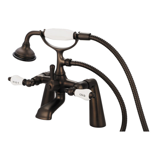 Vintage Classic 7" Spread Deck Mount Tub Faucet With Handheld Shower in Oil Rubbed Bronze Finish, With Porcelain Lever Handles, Hot And Cold Labels Included